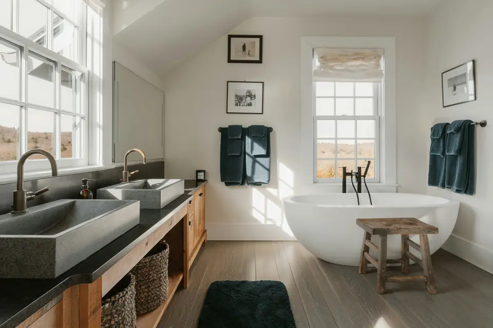 A bright bathroom with twin stone basins and a freestanding bath