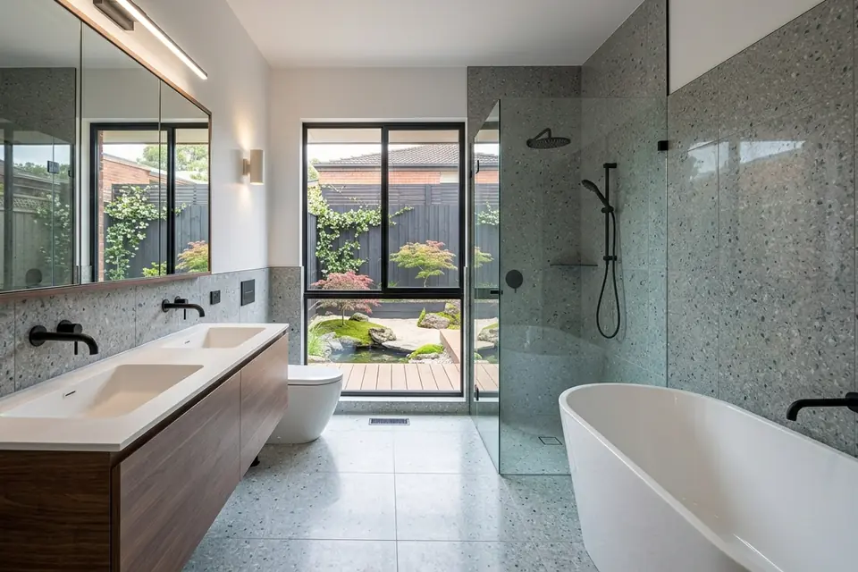 A renovated bathroom with terrazzo-look tiles, a timber vanity and a freestanding bath