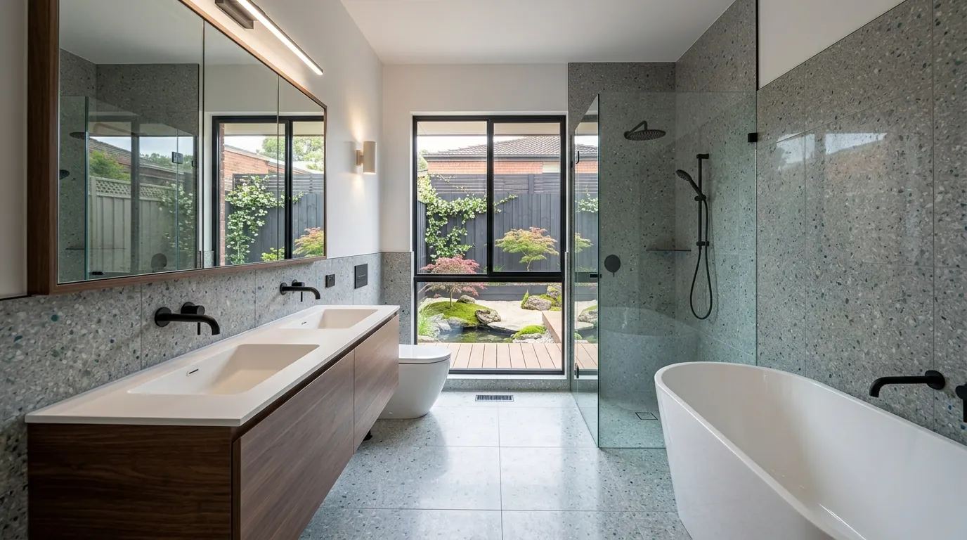 After: the same bathroom with a walk-in glass shower, freestanding bath, terrazzo-look tiles and a timber vanity