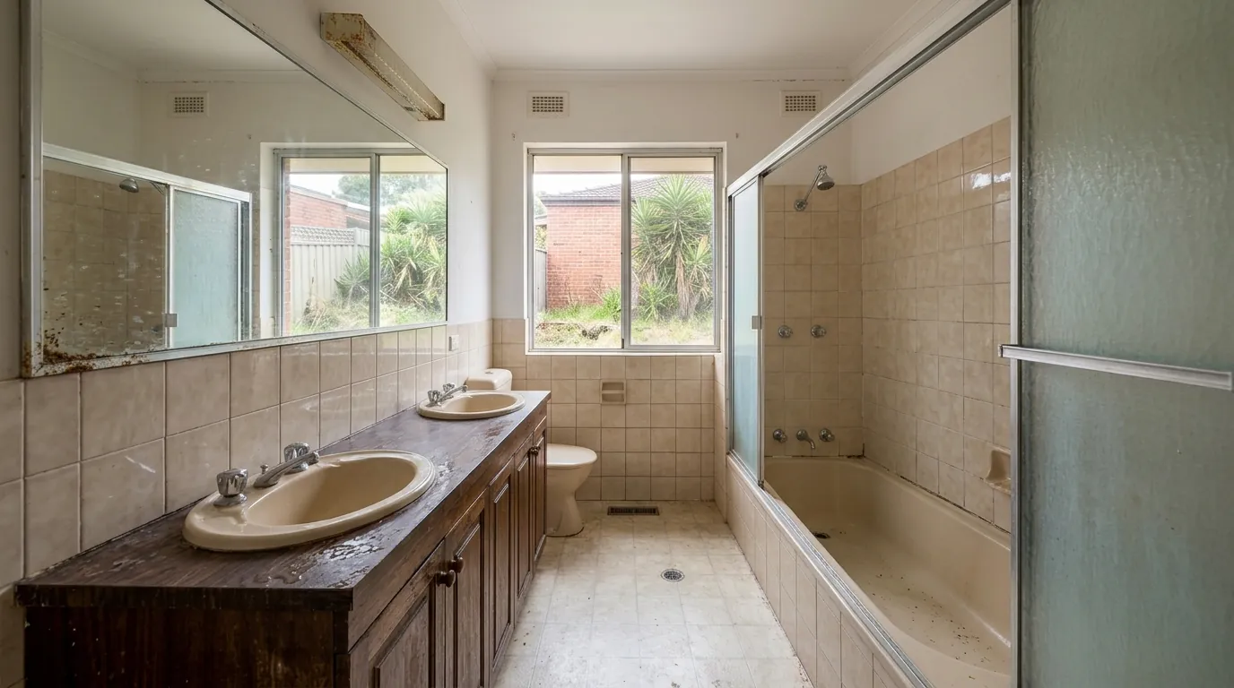 Before: a dated bathroom with a tiled bath and shower, worn vanity and beige tiles